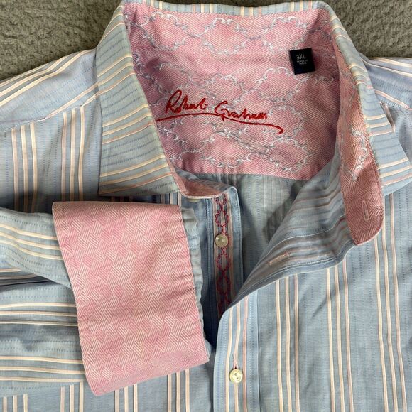 Tommy Bahama Shirt Mens 3XL Blue Pink Striped Button Flip Cuff Cotton Golf - Picture 6 of 14